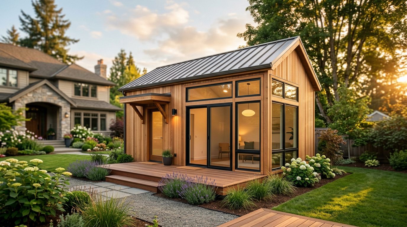 A modern accessory dwelling unit in a landscaped backyard at golden hour